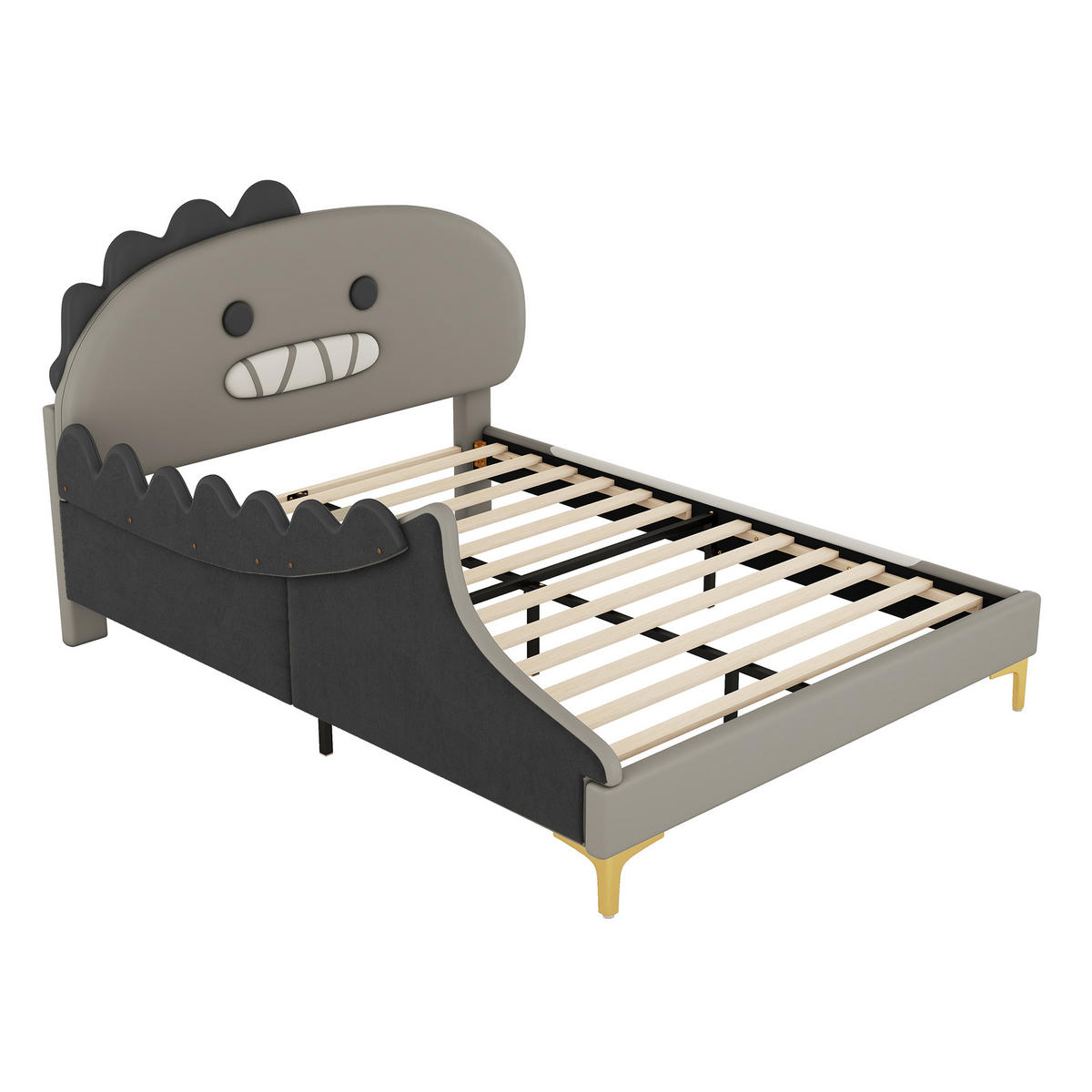 KINDERBETT 140x200cm Grau Cartoon Dinosaurier Form PU - Grau, Holz (140/200cm) - FLIEKS