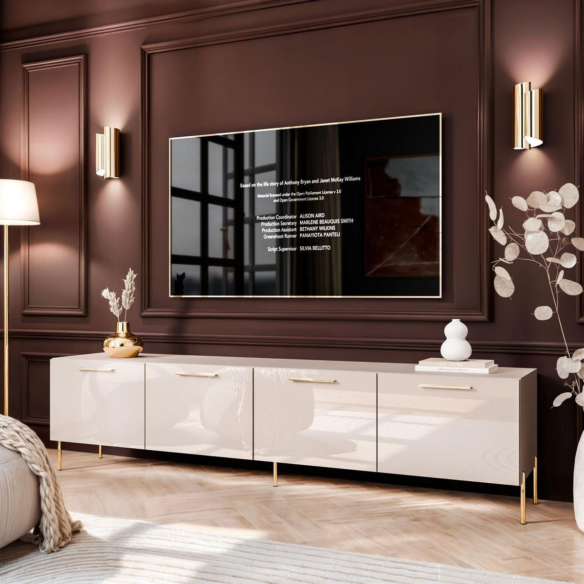 TV-ELEMENT AURA 200 KASCHMIR Hochglanz auf geraden goldenen Beinen + LED - Kaschmir/Goldfarben, Holzwerkstoff (200/50/40cm) - Lookway