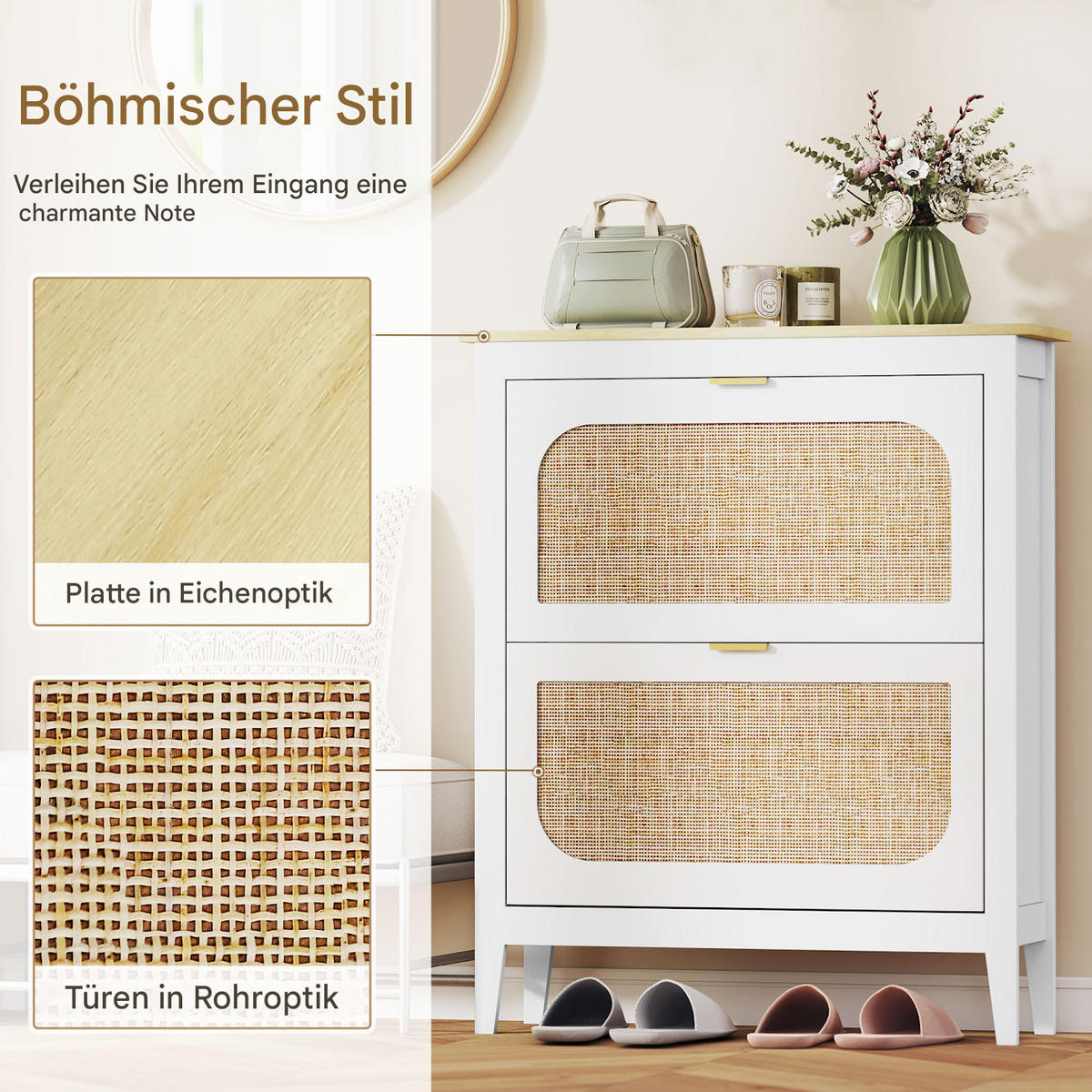 SCHUHSCHRANK im Bohème-Stil für 14 Paar Schuhe mit 2 Klappschubladen, Türen in Rattanoptik, 80 x 24 x 95,5 cm, weiß - Weiß, Holzwerkstoff (80/95.5/24cm) - HOMCOM