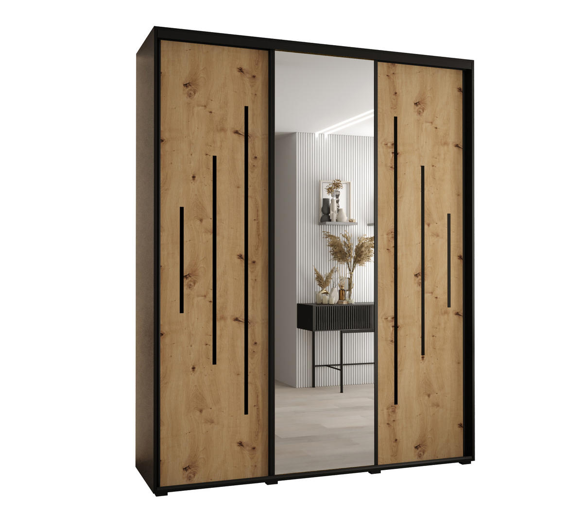 SCHWEBETÜRENSCHRANK 235,2/200/60 3-türig - Schwarz/Eiche Artisan, Holz/Metall (200/235/60cm) - Abiks Möbel