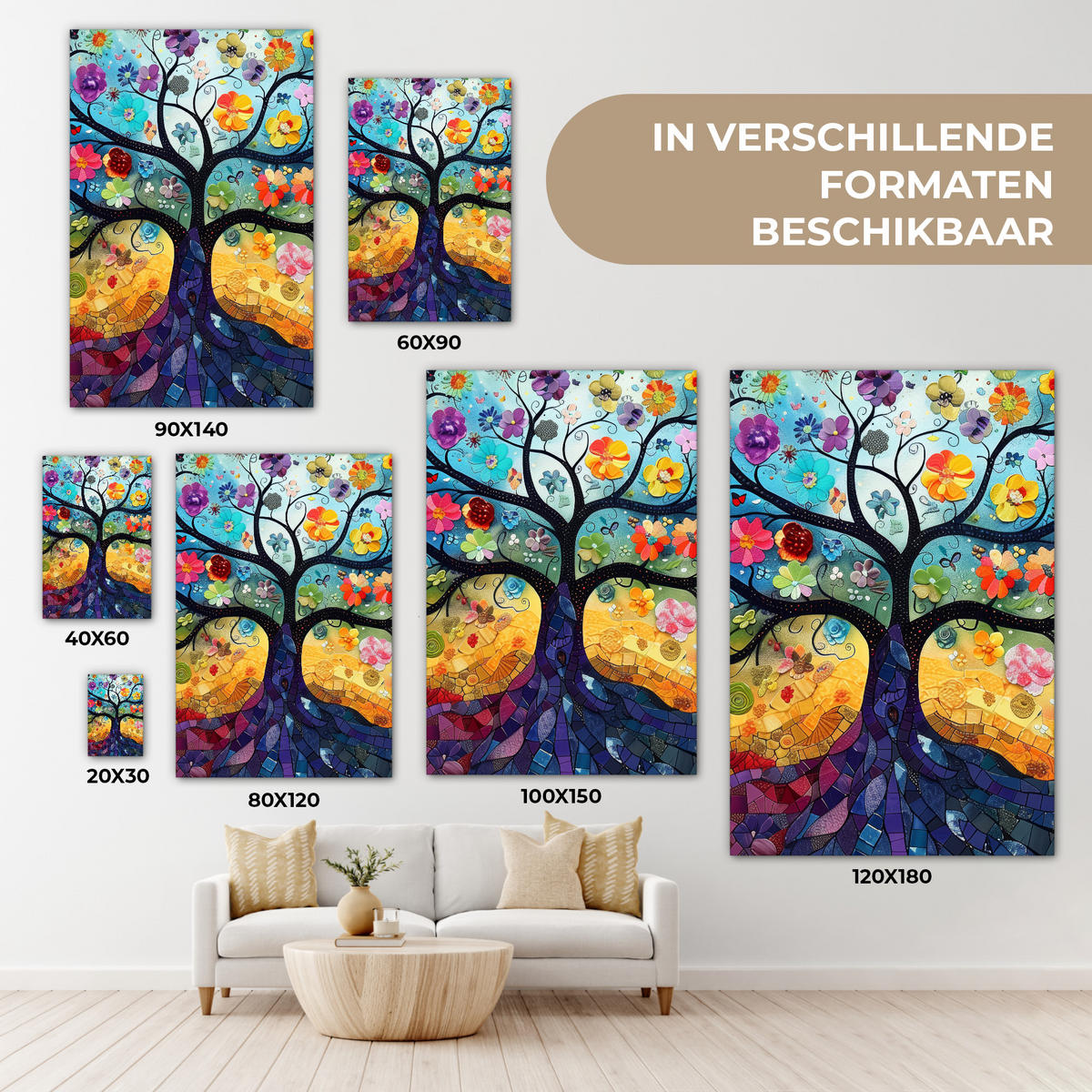 LEINWANDBILD Kunst - Baum des Lebens - Blumen - Hippie Deko XXL 80x120 cm - Dunkelblau, Textil (80/120cm) - MuchoWow
