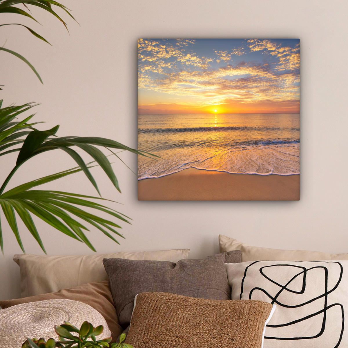 LEINWANDBILD Strand - Sonnenuntergang - Meer Wandbild Wohnzimmer 50x50 cm - Gelb, Textil (50/50cm) - MuchoWow