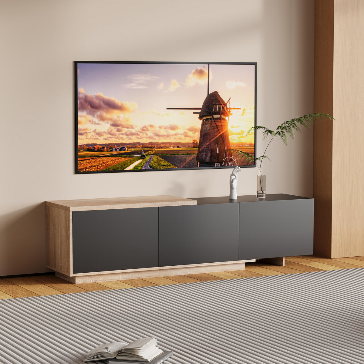 TV LOWBOARD 240x38x44 cm LED Fernsehschrank schwarz - Schwarz, Holz (240/44/38cm) - LEBENLANG