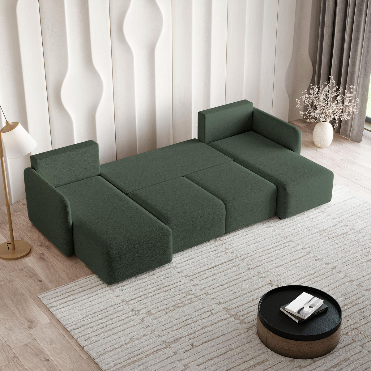 WOHNLANDSCHAFT NUBERO Grün Boucle-Stoff mit Schlaffunktion - Grün, Holz (285/85/143cm) - MASSENO