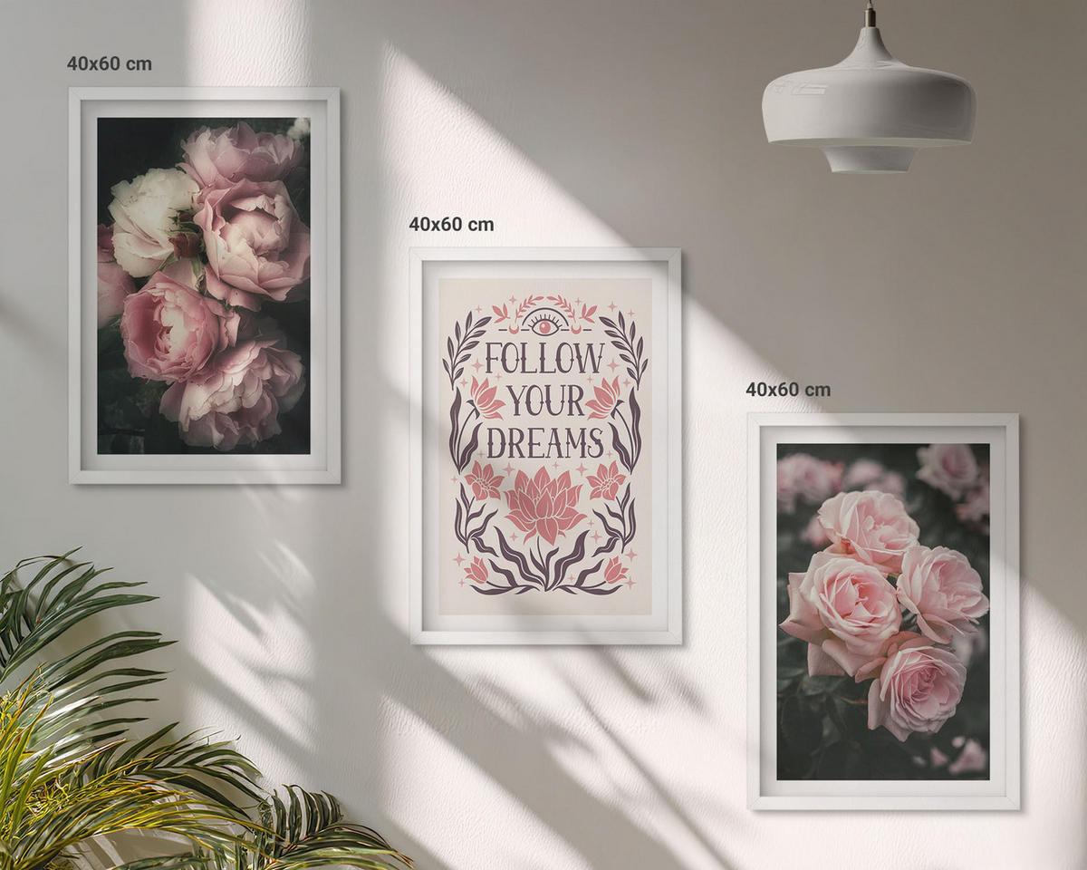 BILDER SET 3er Set - 40x60 cm Weißer Rahmen - Vintage-Rosenträume-Inschrift - Weiß, Kunststoff (40/60cm) - TULUP