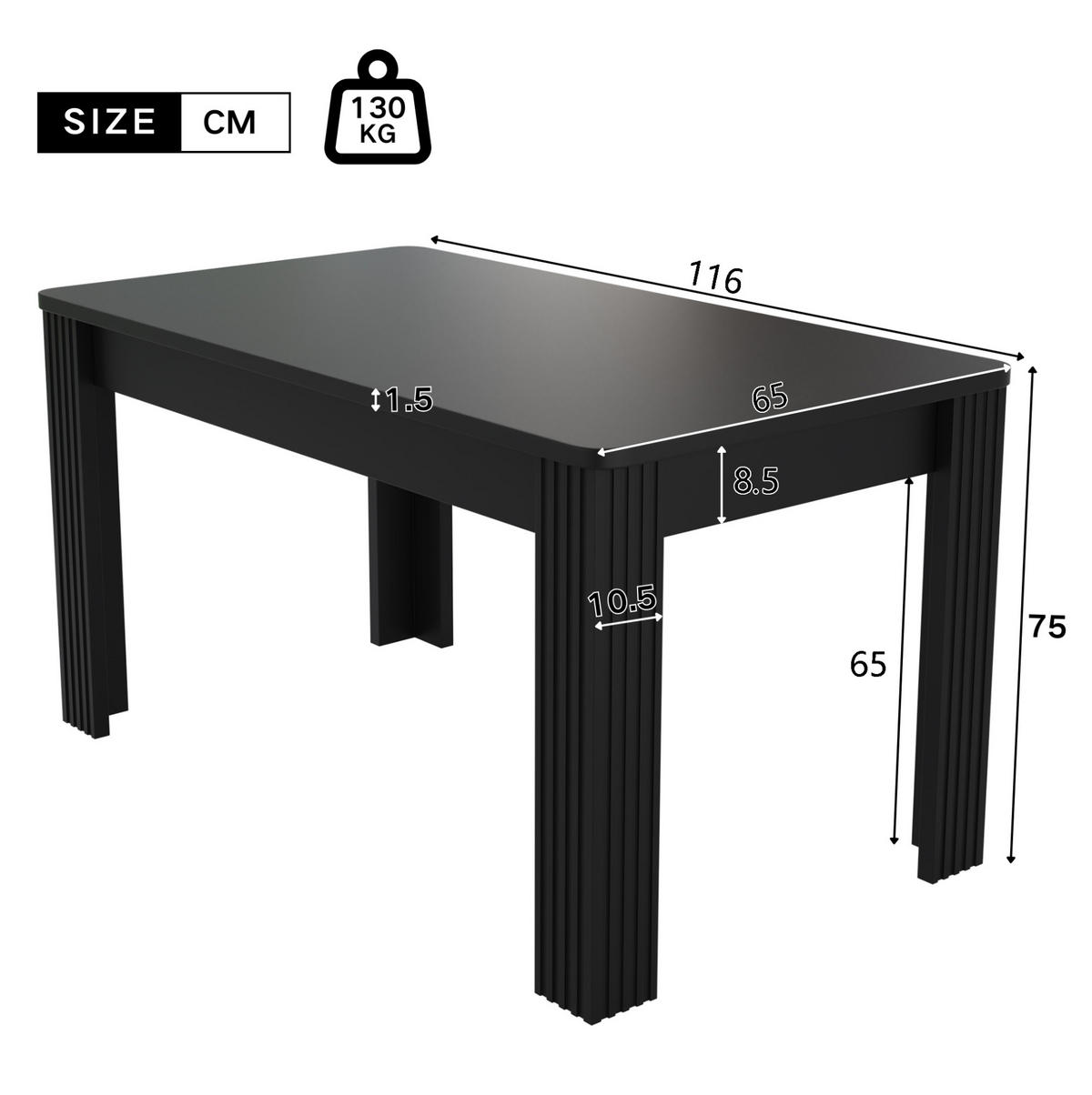 ESSTISCH rechteckig Schwarz mit 4 Beinen - Schwarz, Holzwerkstoff (116/65/75cm) - Meubliv