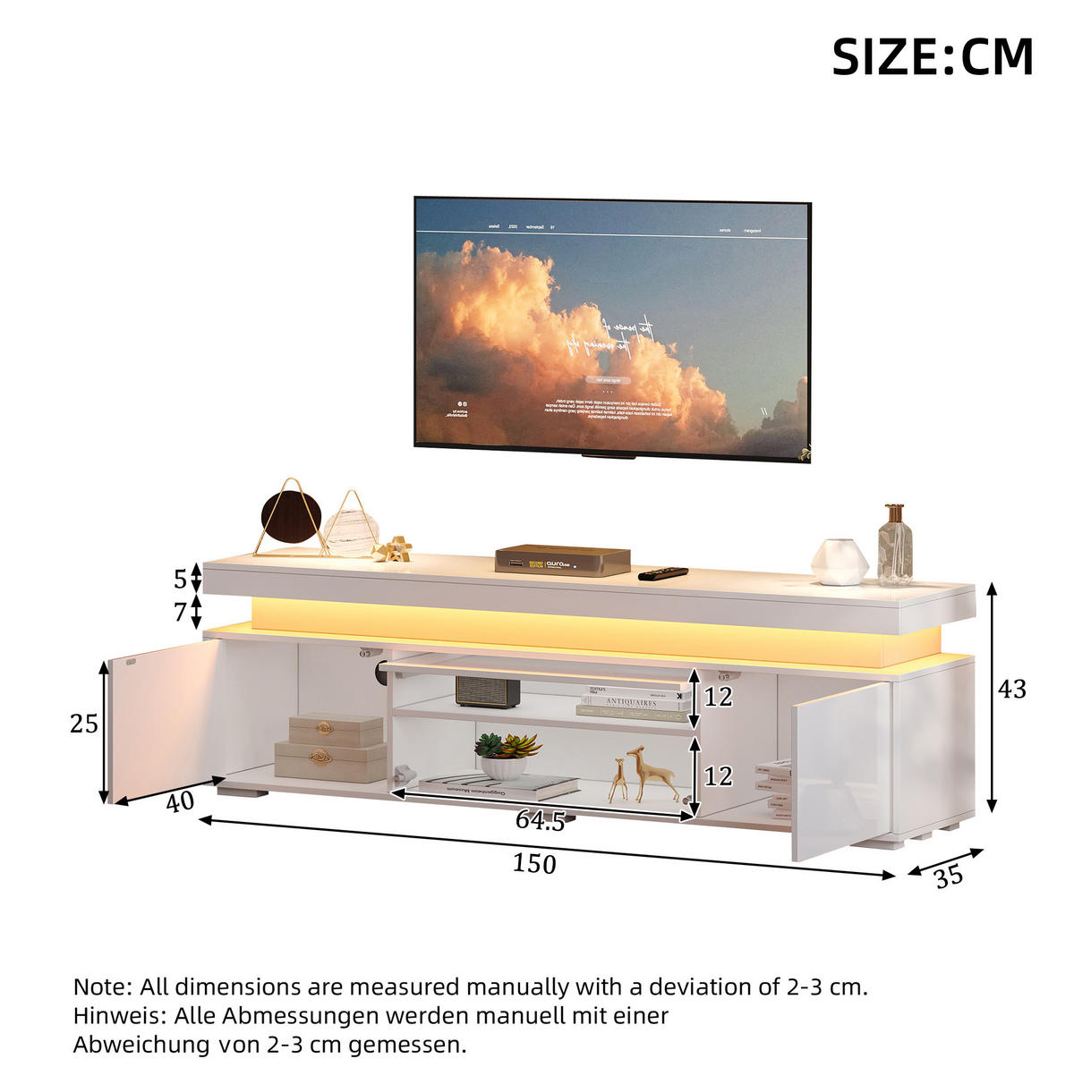 TV stolek z dřevotřísky 150x35x43 cm bílý s LED osvětlením, 3 dvířky a 4 přihrádkami - bílá, kompozitní dřevo (150/43/35cm) - Modfu