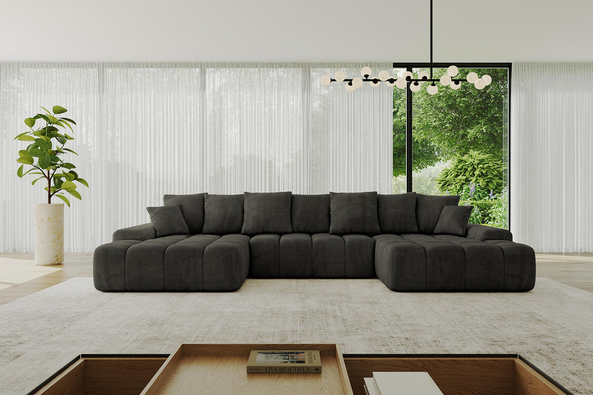 WOHNLANDSCHAFT ENSI-U - 353x164x88 cm Schwarz - Schwarz, Holzwerkstoff/Kunststoff (357/69/164cm) - ALTDECOR
