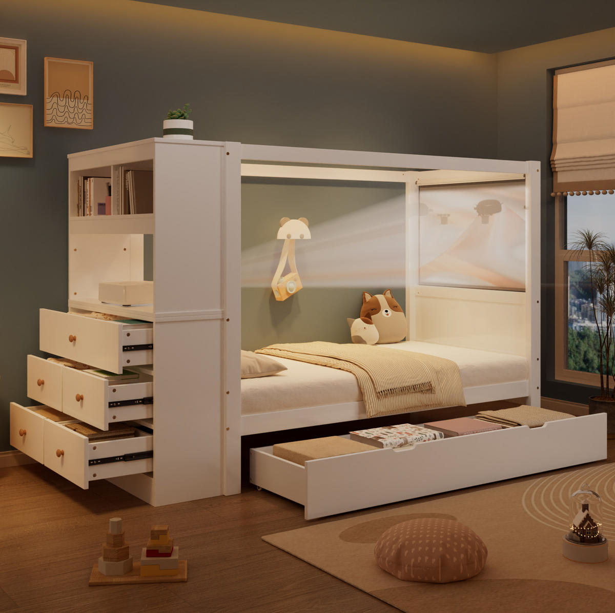 EINZELBETT 90/200 cm Weiß aus Kiefernholz und MDF mit Stauraum - Weiß, Holz (90/200cm) - OKMYHOME
