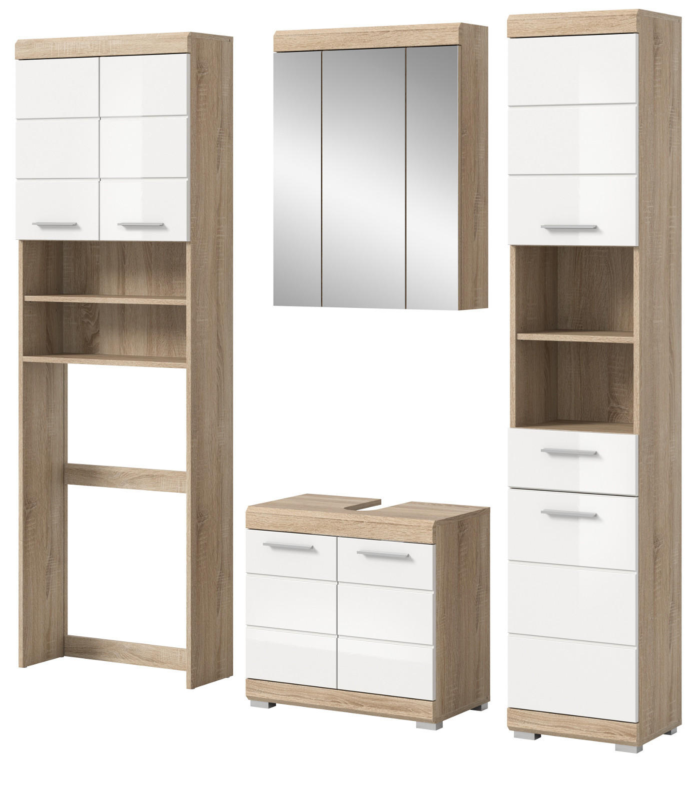 BADMÖBEL-SET weiß Hochglanz, Eiche 4-teilig 190 cm, viel Stauraum - Weiß Hochglanz/Eichefarben, Glas/Holzwerkstoff (190/191/34cm) - Inn.Furn