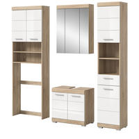 BADMÖBEL-SET weiß Hochglanz, Eiche 4-teilig 190 cm, viel Stauraum - Weiß Hochglanz/Eichefarben, Glas/Holzwerkstoff (190/191/34cm) - Inn.Furn