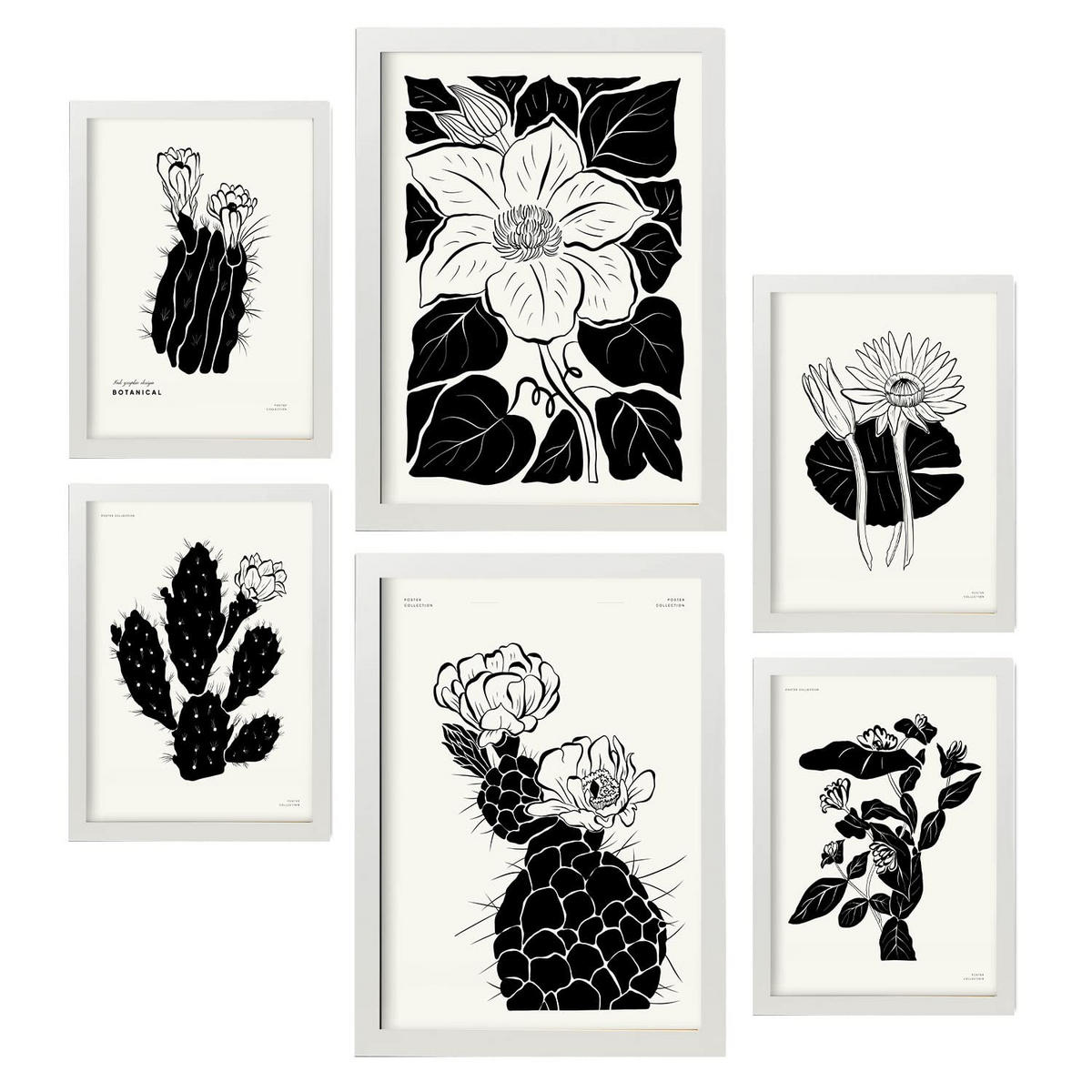 POSTER Set Mit 6 In Schwarzer Tinte Kaktus A3 & A4 Weißer Rahmen - Weiß, Papier (29/3cm) - Nacnic