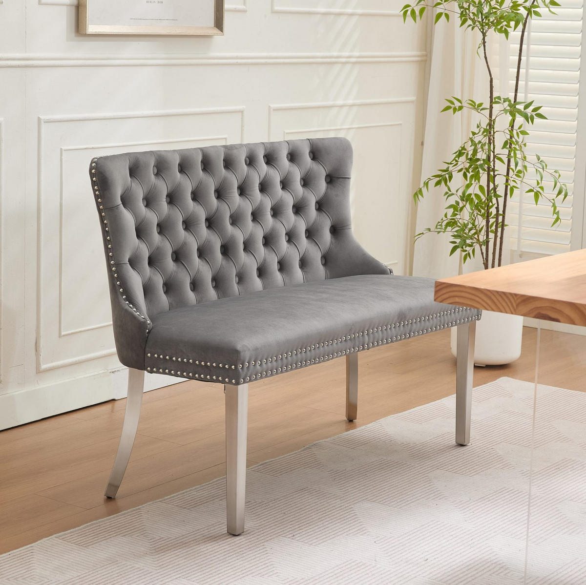 ESSZIMMERBANK 2-Sitzer Samt Grau mit Edelstahlbeinen - Grau, Metall (116/89.5/58cm) - Meubliv