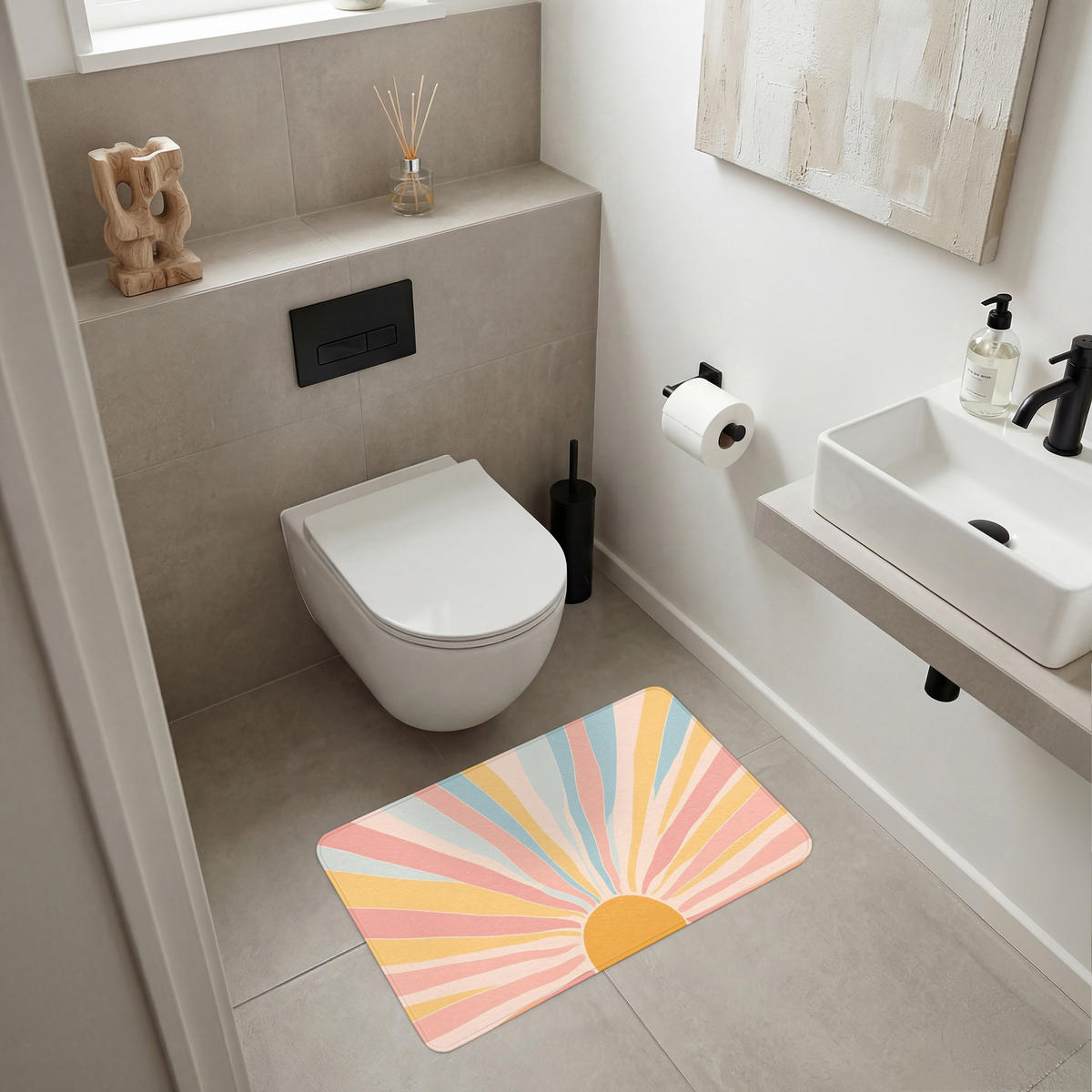 BADEMATTE Illustration - Sonne - Pastellfarben 80x50 cm - Pastellblau, Kunststoff/Textil (80/50cm)