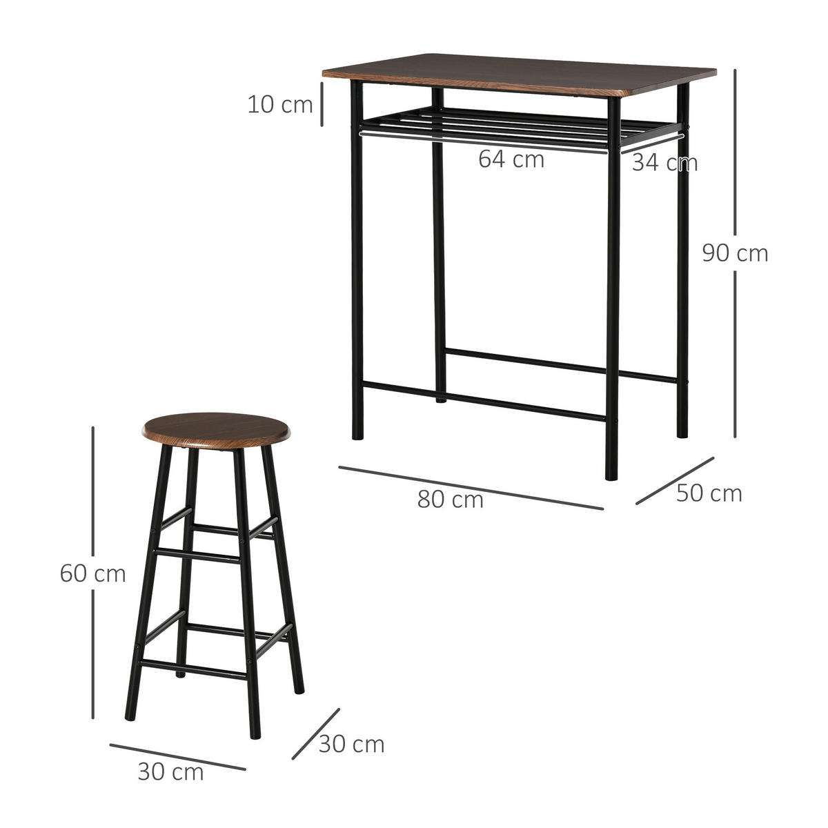 BARTISCH-SET DE-39281 80/50 cm Tisch mit 2 Hockern Schwarz - Schwarz, Holzwerkstoff (80/90/50cm) - ComfortXL