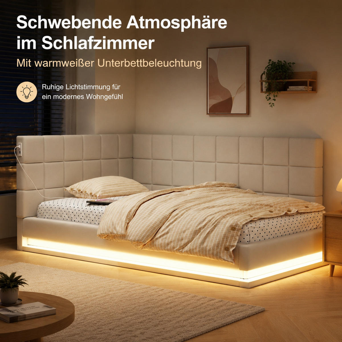 DETSKÁ Posteľ 90/200 cm z ľanu béžová s LED osvetlením, USB a roštom - béžová, textil (90/200cm) - Modenvie