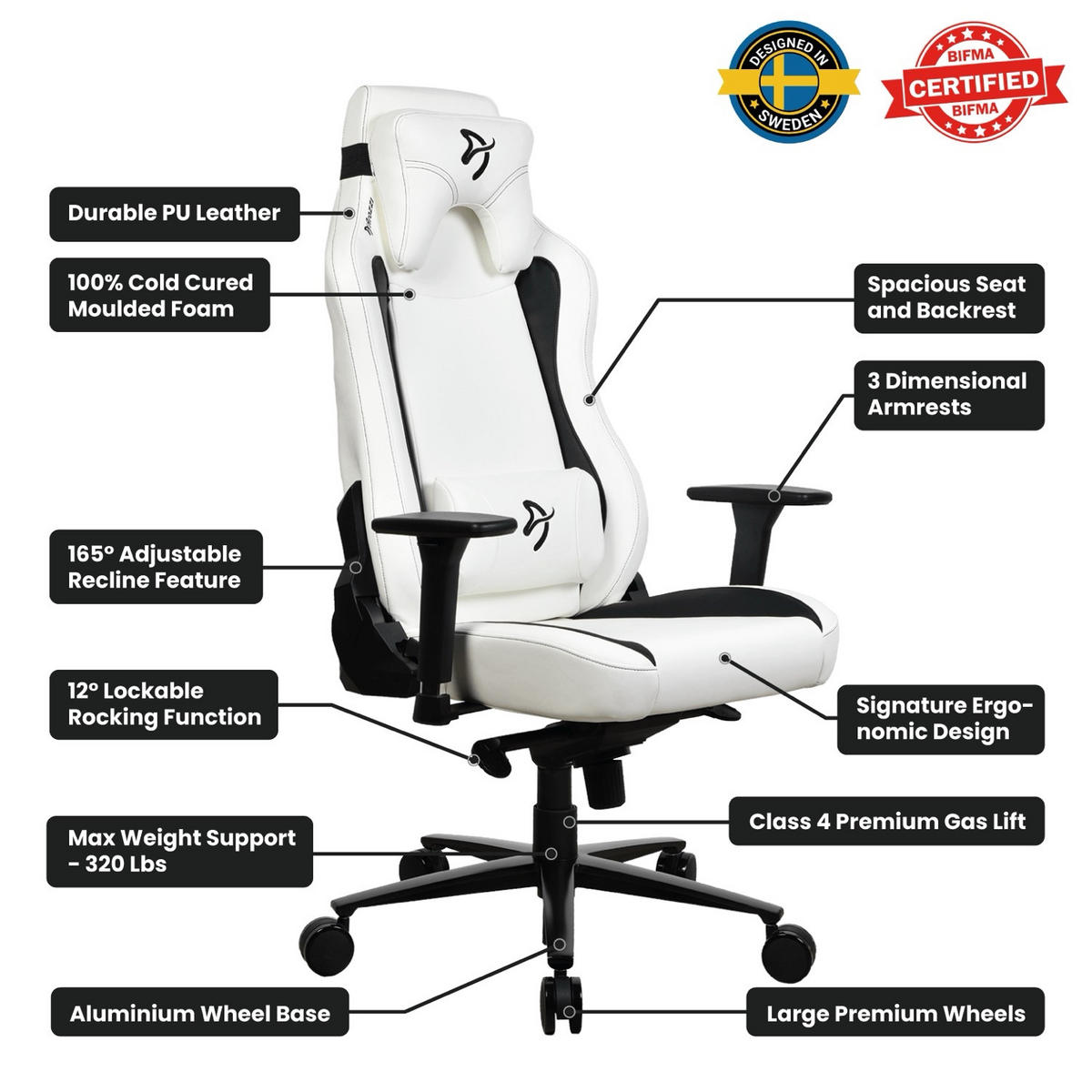 GAMINGSTUHL Vernazza SoftPU™ Weiß - Schwarz/Weiß, Kunststoff/Metall (68/135/50cm) - Arozzi