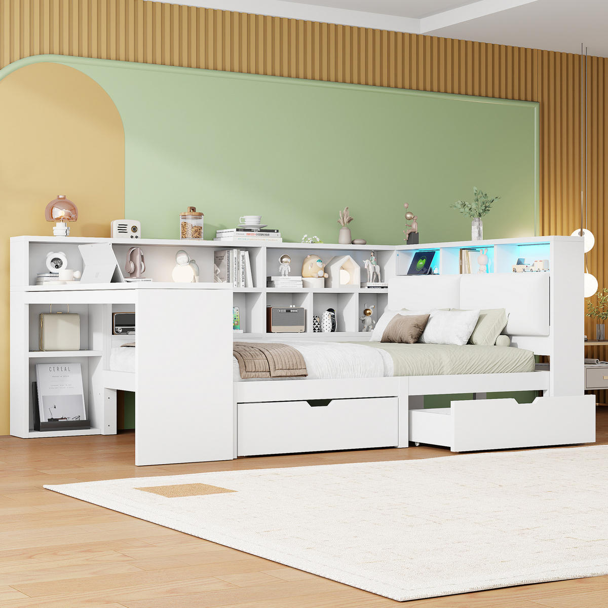 POSTEĽ 140/200 cm biela z MDF a preglejky s písacím stolom, knižnicou, zásuvkami a LED čelom - biela, kompozitné drevo (140/200cm) - OKWISH