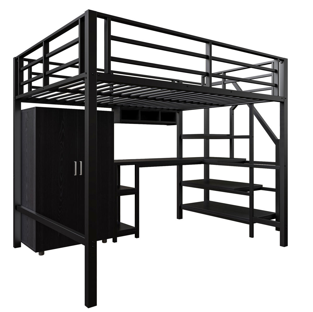 HOCHBETT 140/200 cm Schwarz mit Kleiderschrank und Schreibtisch ohne Matratze - Schwarz, Metall (140/200cm) - MIVRAY