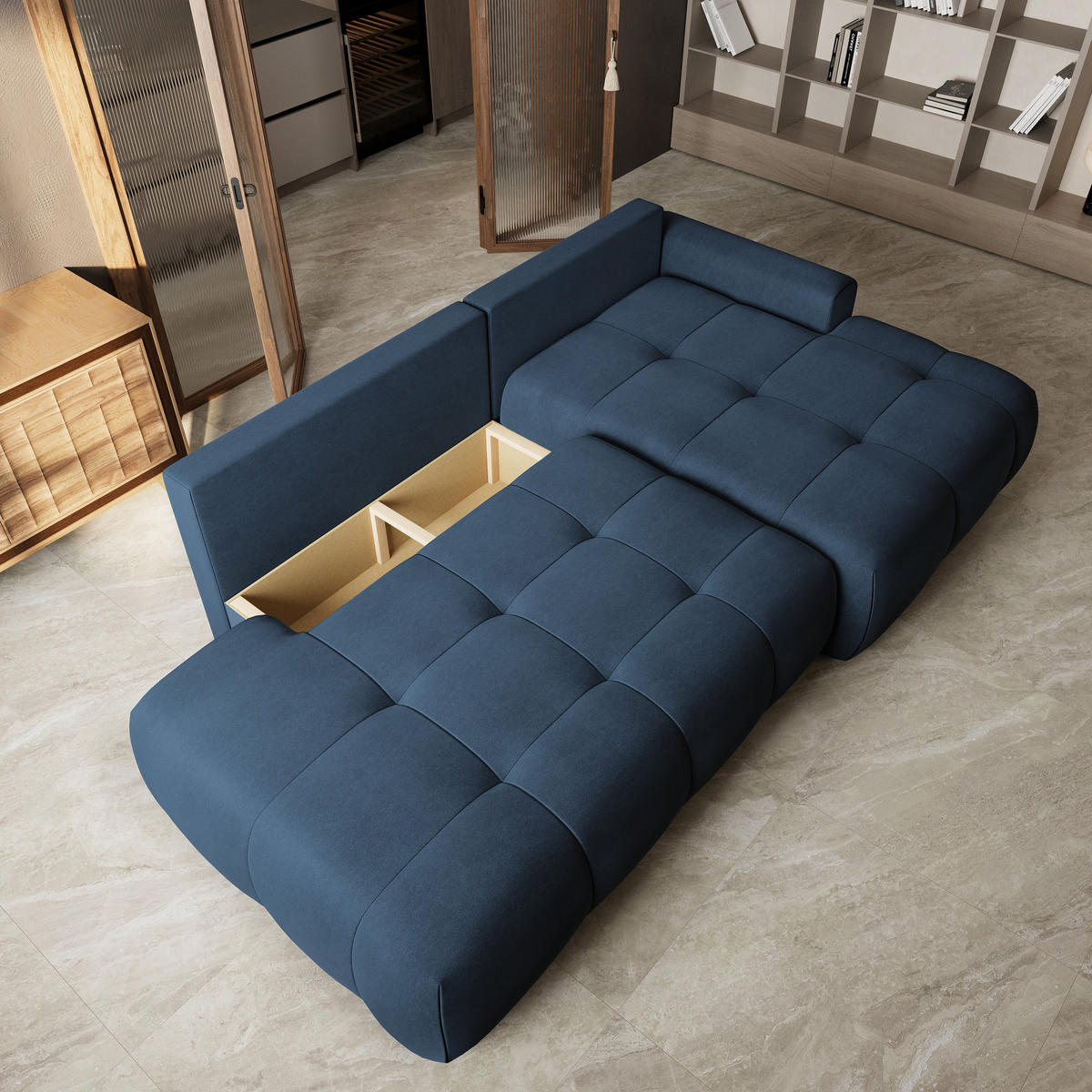 ECKSOFA FLUMA CL R-S Blau Samtstoff mit Schlaffunktion - Blau, Holzwerkstoff/Textil (279/158cm) - MASSENO
