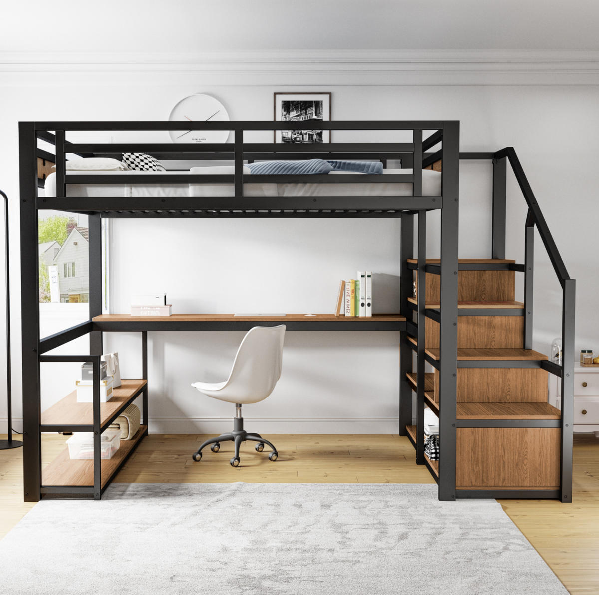 HOCHBETT 140/200 cm mit Schreibtisch, Regalen und Stauraumtreppe, robuster Metallrahmen, Schwarz - Schwarz, Metall (140/200cm) - Redom