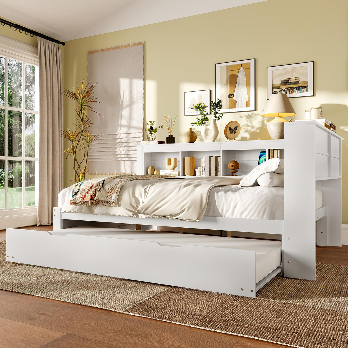 POLSTERBETT 140/200 cm mit Ausziehbett, USB-Anschlüssen, Steckdose und 2 Schubladen, MDF/Kiefernholz, Weiß - Weiß, Holzwerkstoff (140/200cm) - Redom