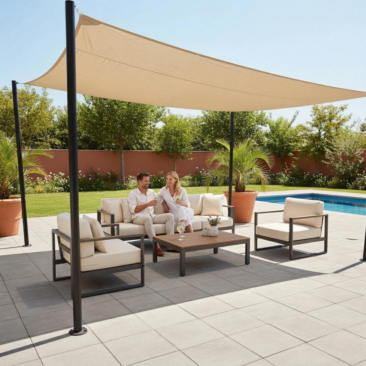 SLNEČNÉ plachty - béžová, kov/textil (400/200cm) - Relaxdays