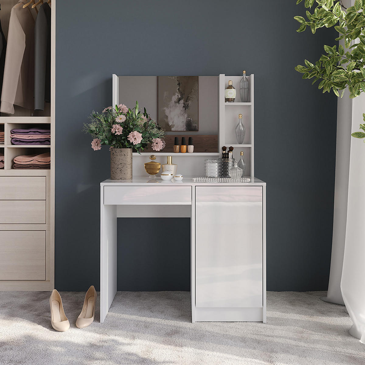 SCHMINKTISCH Sherry Weiß/Weiß Hochglanz 89.8 cm 3 Teile - Weiß Hochglanz, Holzwerkstoff (89.8/76/50.1cm) - Vicco