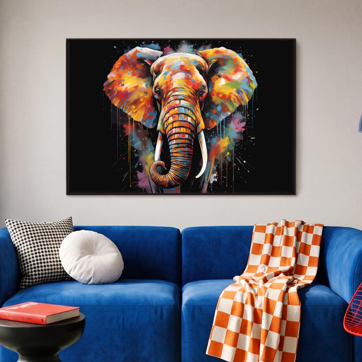LEINWAND Bilder mit Rahmen - Elefant - Graffiti - Schwarz - Tiere - Farben - 90x60 - Schwarz, Textil (90/60cm) - MuchoWow