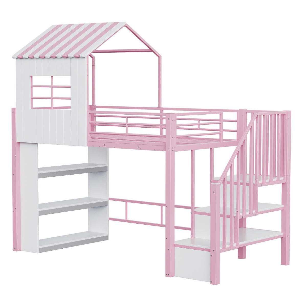 HOCHBETT 90x200 cm in Rosa mit Stauraumtreppe und Regal - Pink, Holzwerkstoff (90/200cm) - IVMEU
