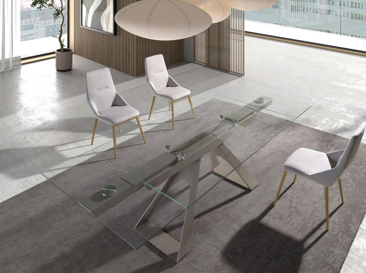 ESSTISCH Rechteckiger ausziehbarer Esstisch aus gehärtetem Glas und taupefarbenem Stahl 160/100/76 cm - Transparent/Goldfarben, Glas (100/160/76cm) - ANGEL CERDA