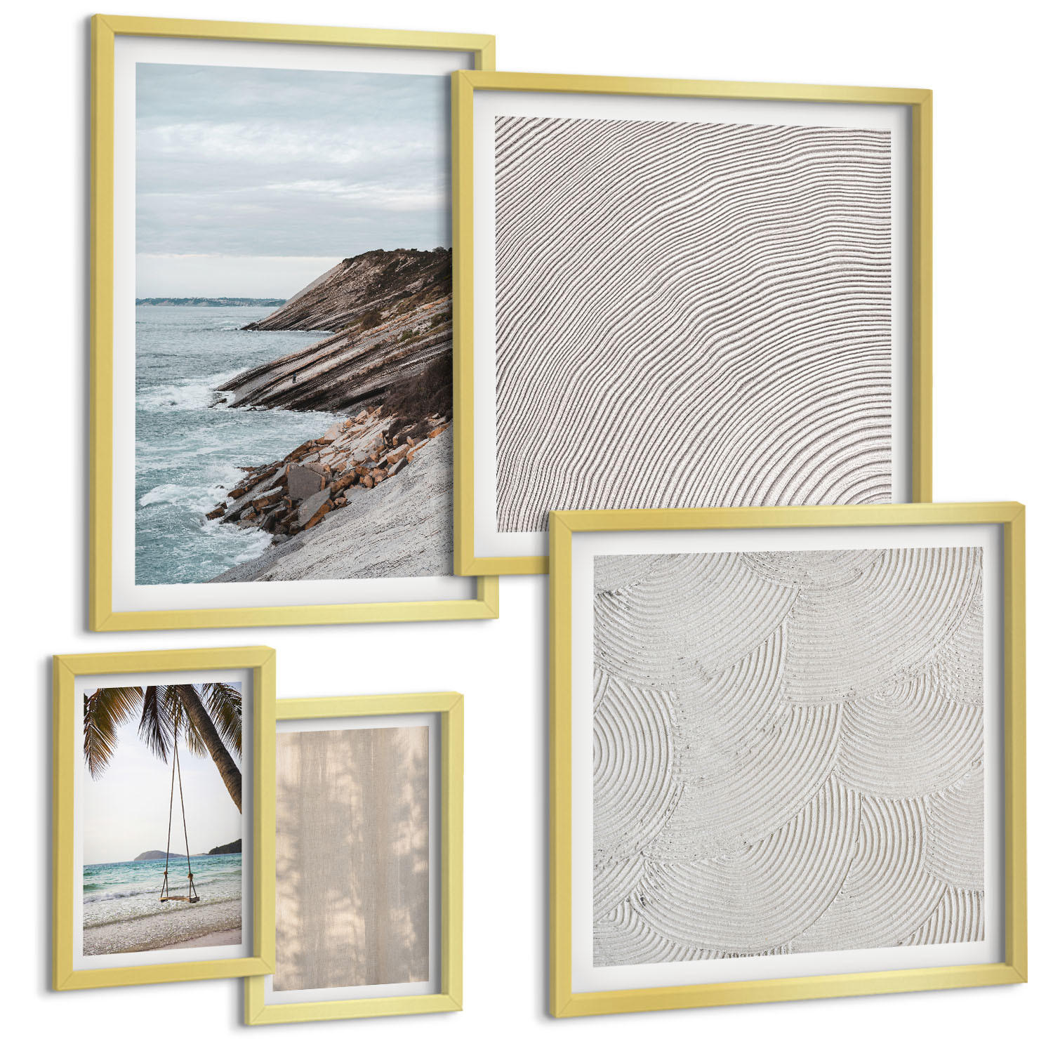 BILDER SET 5er Set - 50x50 cm & 20x30 cm & 40x60 cm Goldrahmen - Sommerlicher Sandstrand mit Meerblick - Goldfarben, Kunststoff (40/60cm) - TULUP