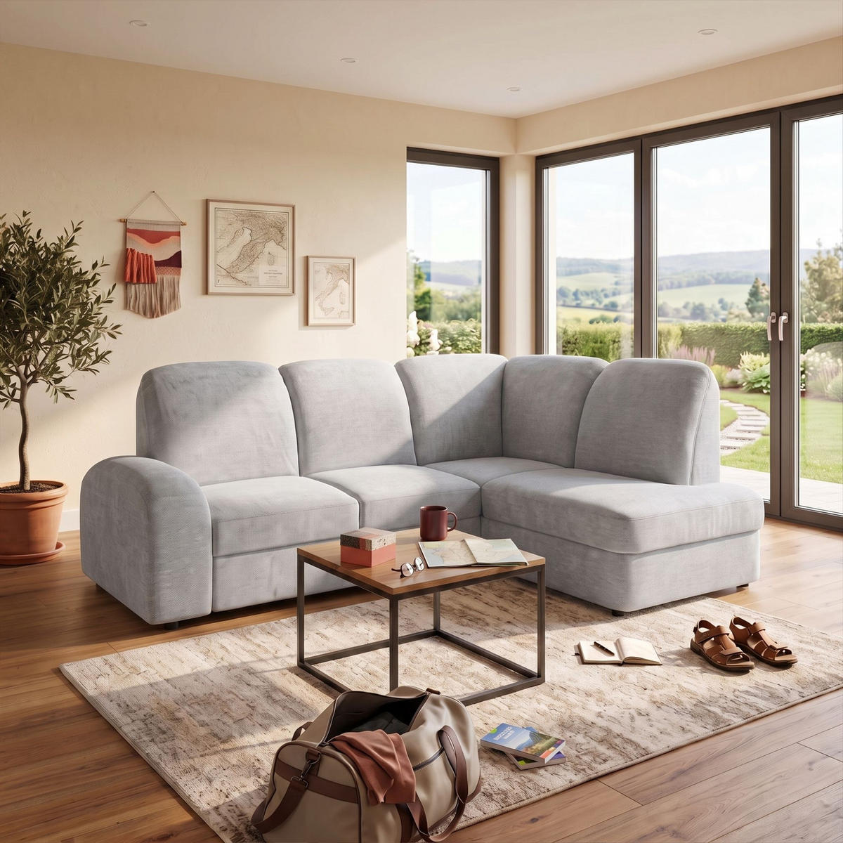 ECKSOFA VIBE L Rechts mit Schlaffunktion 129x205 Chenille Hellgrau - Hellgrau/Schwarz, Holz/Kunststoff (250/186cm) - Muffo