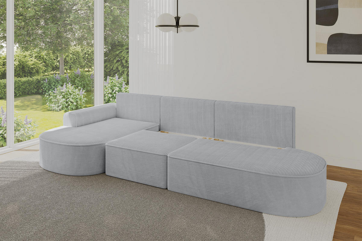 ECKSOFA mit Schlaffunktion Ottomane Links MARI L2-S 368X167X85 Grau Cord - Alufarben/Schwarz, Holzwerkstoff/Kunststoff (368/167cm) - ALTDECOR