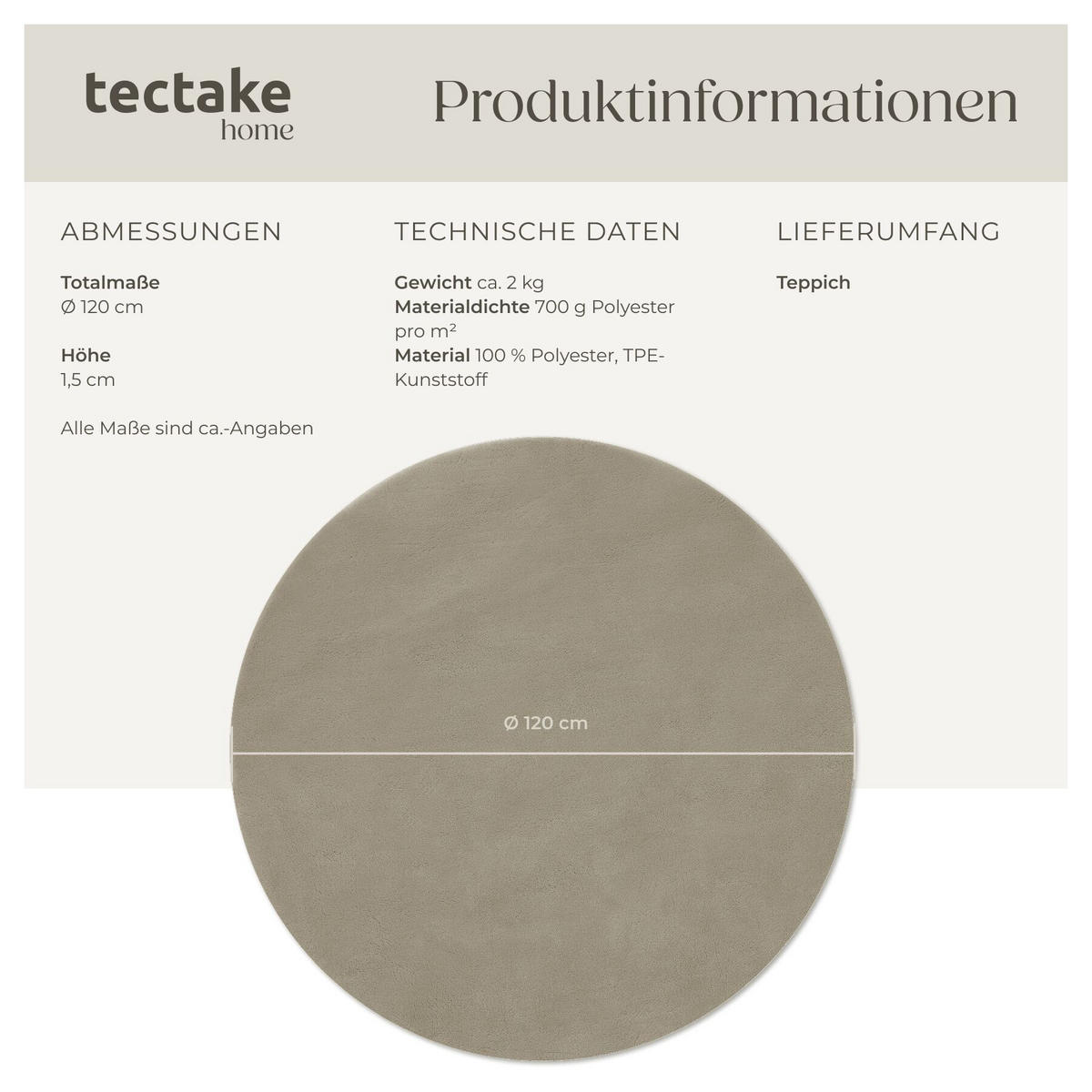 KURZFLORTEPPICH Soft Zone, rutschfeste Unterseite, Sand - Sandfarben, Textil (120/120cm) - tectake