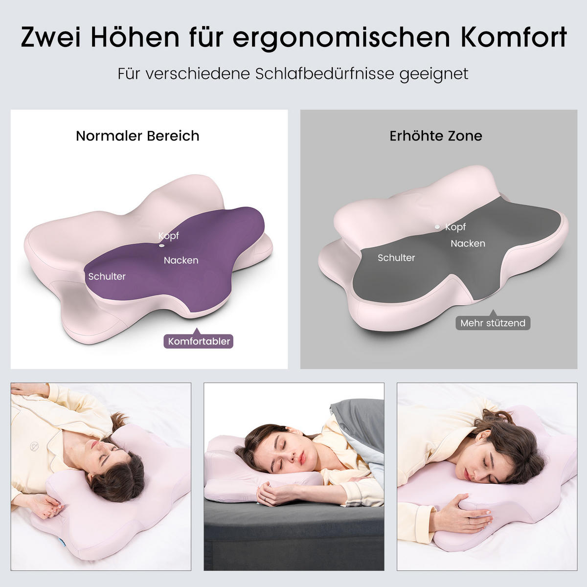SCHMETTERLINGSKISSEN Memory-Schaum Modell (ergonomisch) Hellrosa 65×41 cm OEKO-TEX® zertifiziert Vorderseite 8 cm / Rückseite 12 cm - Rosa, Textil (41/65cm) - CHICASA