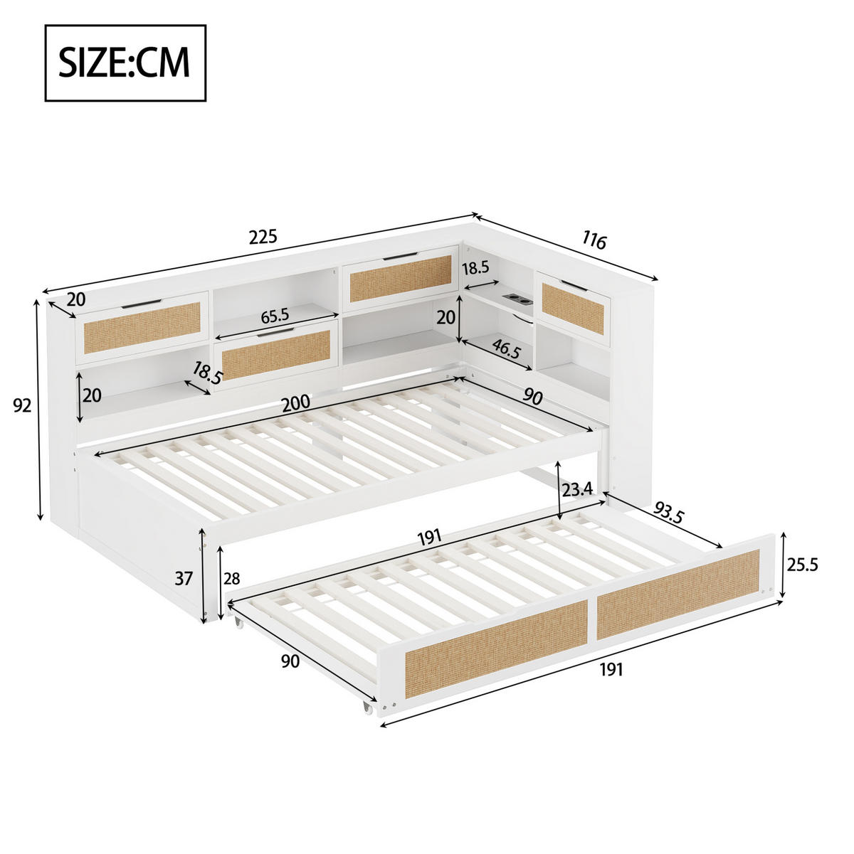 MULTIFUNKTIONSBETT 90/200 cm mit Ausziehbett und Stauraum in Weiß - Weiß, Holz - OKWISH