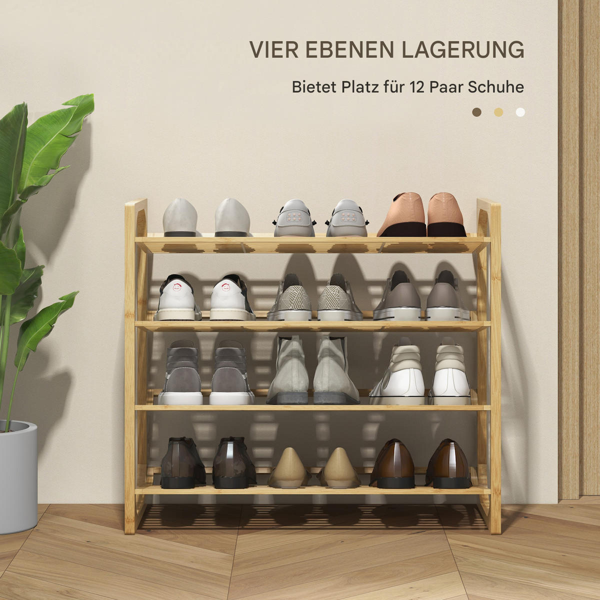 SCHUHREGAL mit 4 Ablagen, Lattenrost für 12 Paar Schuhe, Bambus, 76 x 33 x 67 cm, Naturholz - Braun, Holz (76/67/33cm) - HOMCOM