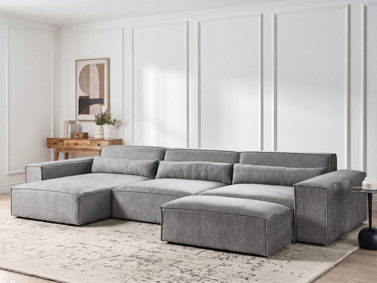 ECKSOFA Modul 4-Sitzer rechtsseitig Grau Stoff mit Ottomane Hellnar - Dunkelgrau, Textil (176/364cm) - Beliani