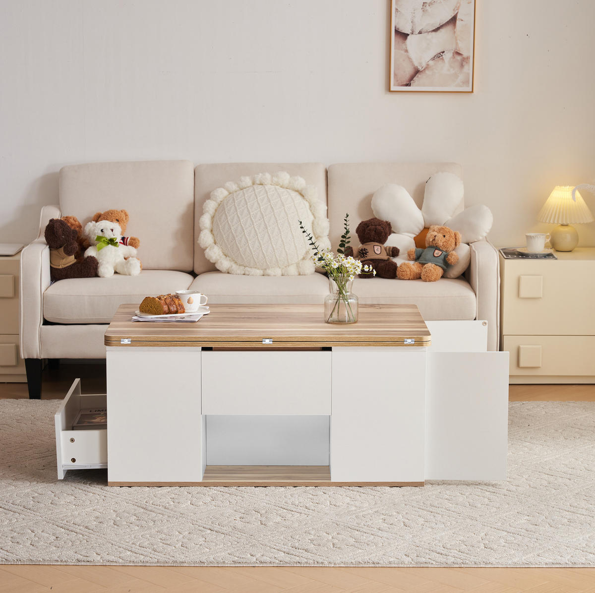 COUCHTISCH 100/51/47 cm höhenverstellbar mit Stauraum in Weiß und Naturholz - Weiß, Holzwerkstoff (100/51/47cm) - Flora Grace