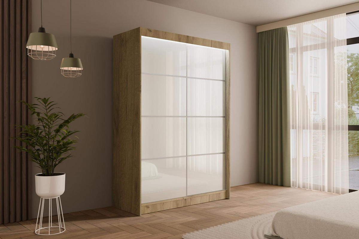 KLEIDERSCHRANK PEKA III mit LED - 150 cm - Braun|Weiß - Braun/Weiß, Holzwerkstoff (150/215/61cm) - ALTDECOR