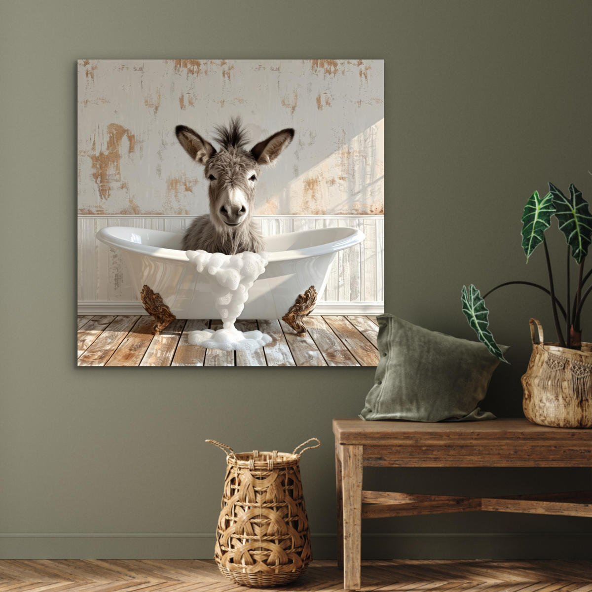 KOVOVÝ OBRAZ Osol - Zvieratá - Vaňa - Pena 90x90 cm - biela, kov (90/90cm) - MuchoWow