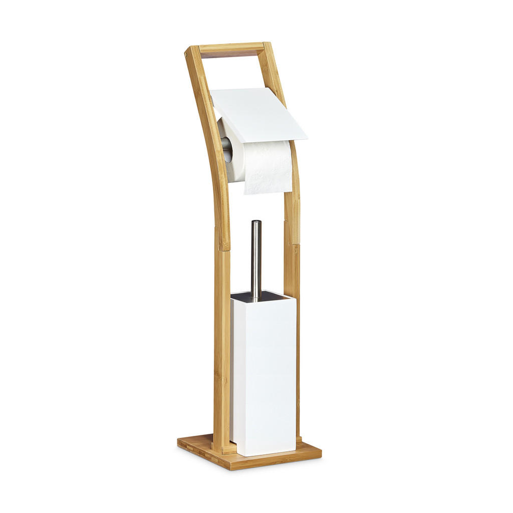 Relaxdays WC-SOUPRAVA bambus bílá s WC kartáčem a držákem na toaletní papír 75 cm