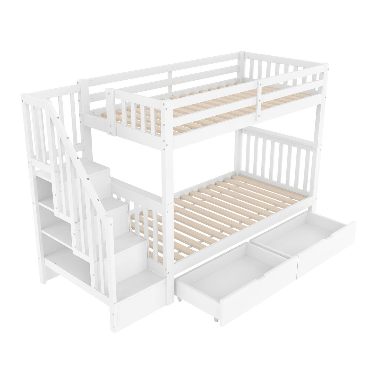 ETAGENBETT 90/200 cm Weiß mit Treppenregal und 2 Schubladen - Weiß, Holz (90/200cm) - Flora Grace