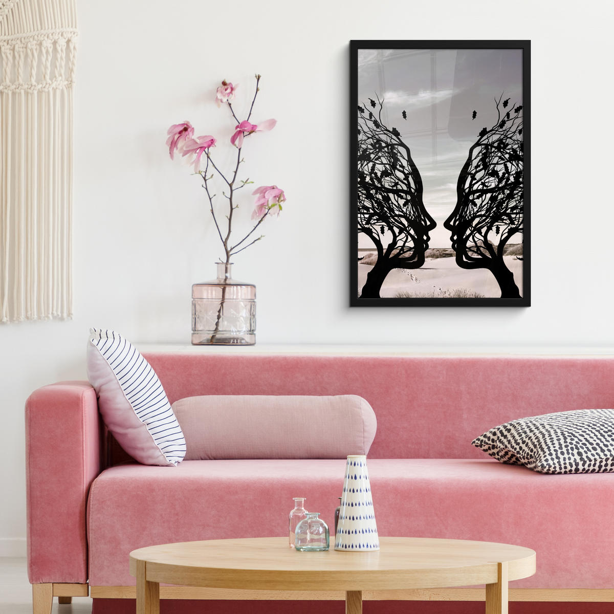 GERAHMTES BILD Strand - Meer - Menschen - Baum - Moderne Kunst 40x60 cm - Hellgrau, Papier (40/60cm) - MuchoWow