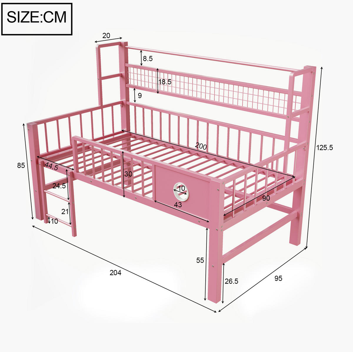 KINDEREINZELBETTEN aus Metall 90x200 cm in Rosa mit Sicherheitsgitter & Stauraum - Rosa, Metall (90/200cm) - Modfu