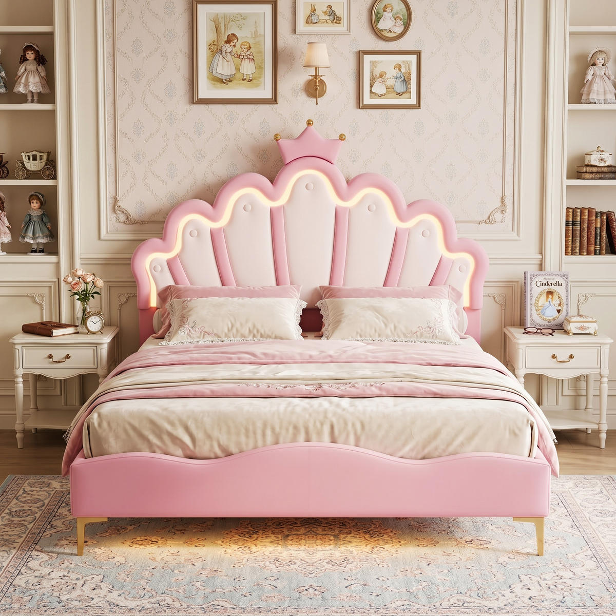 POLSTERBETT Bogen-Krone mit 2-Zonen-LED & Goldbeinen 140/200 cm PU-Leder Rosa - Pink, Leder (140/200cm) - Creahappy