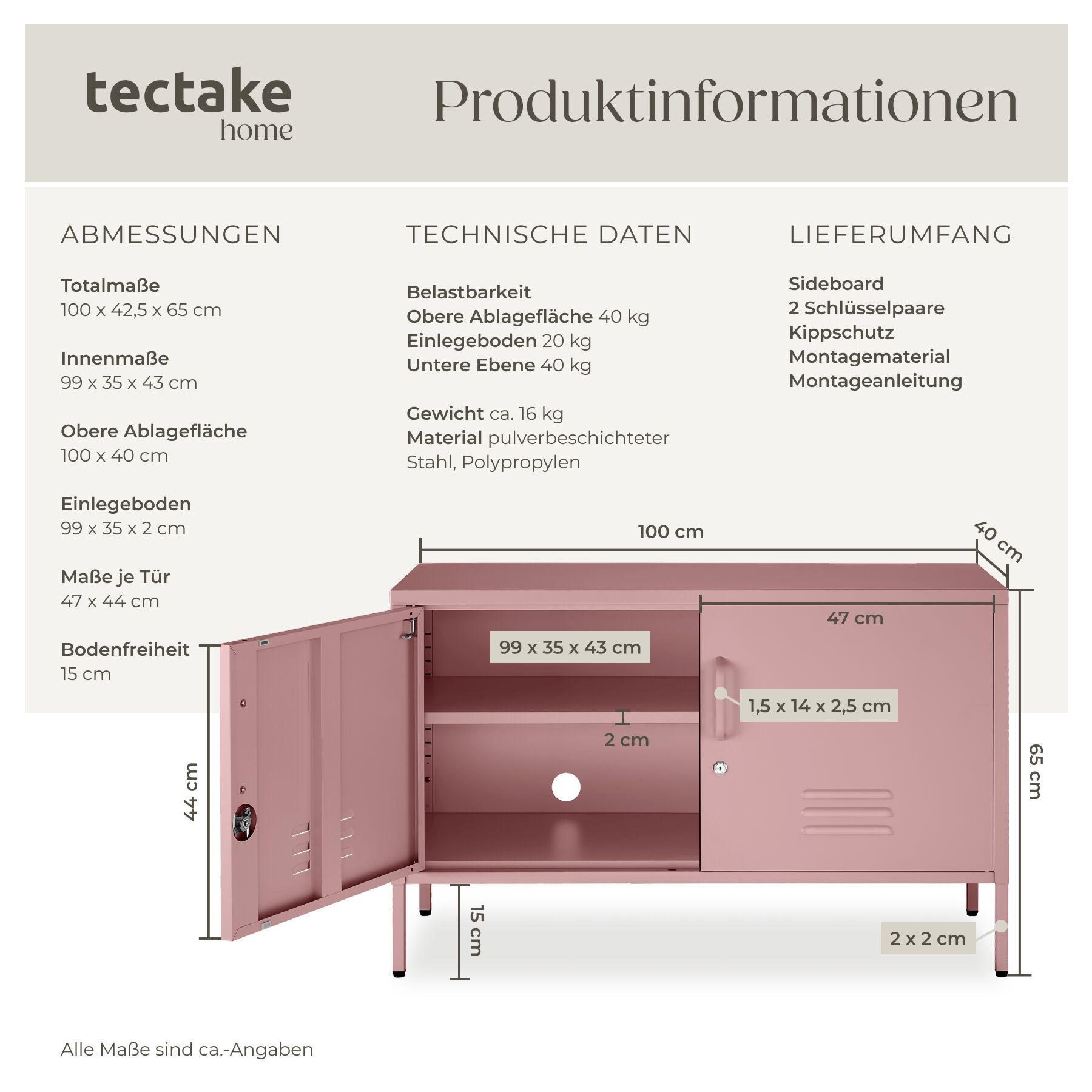 tectake Sideboard Rosa 100x65x42.5 cm