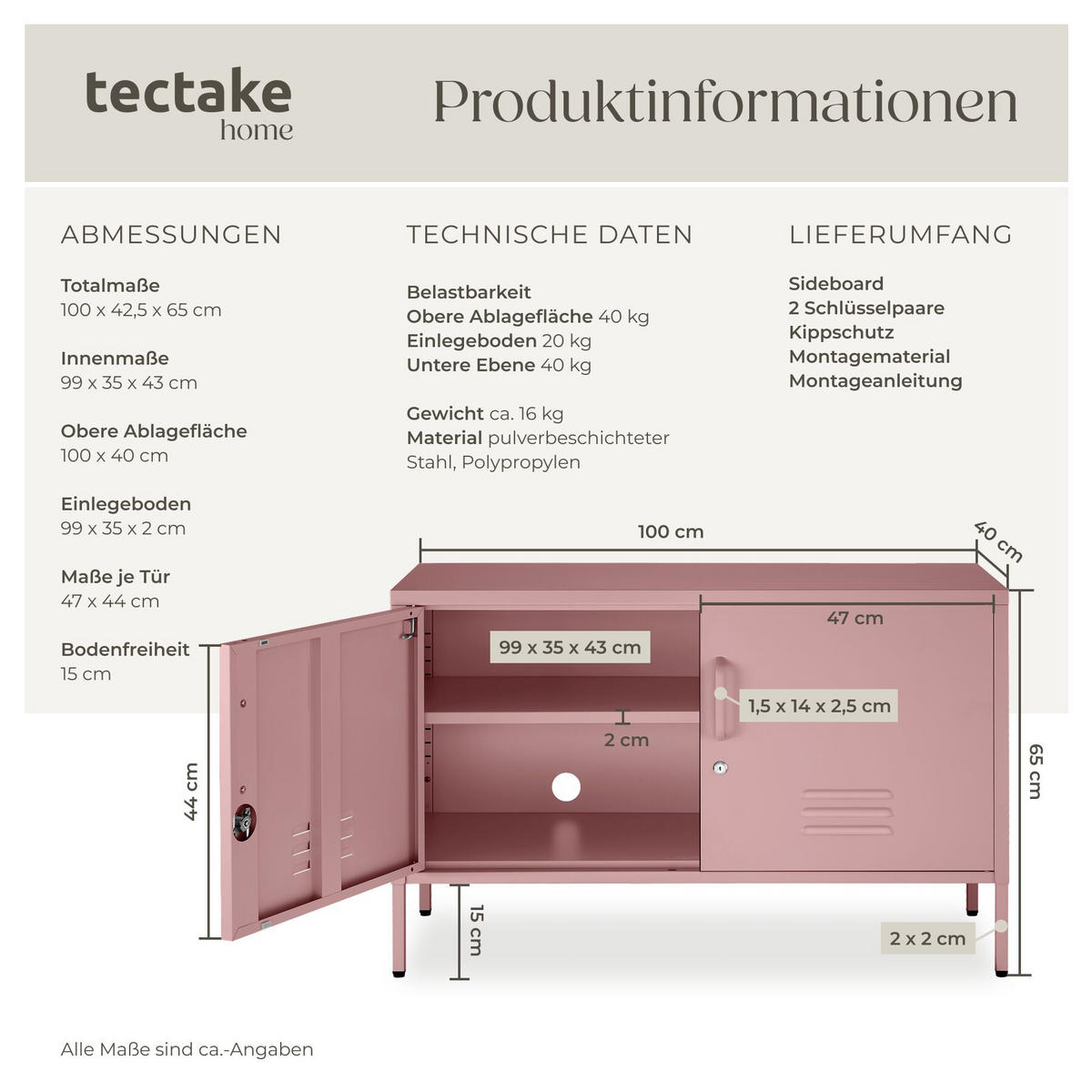 SIDEBOARD Baker, Kippschutz, höhenverstellbare Füße, rosa - Rosa, Metall (100/65/42.5cm) - tectake
