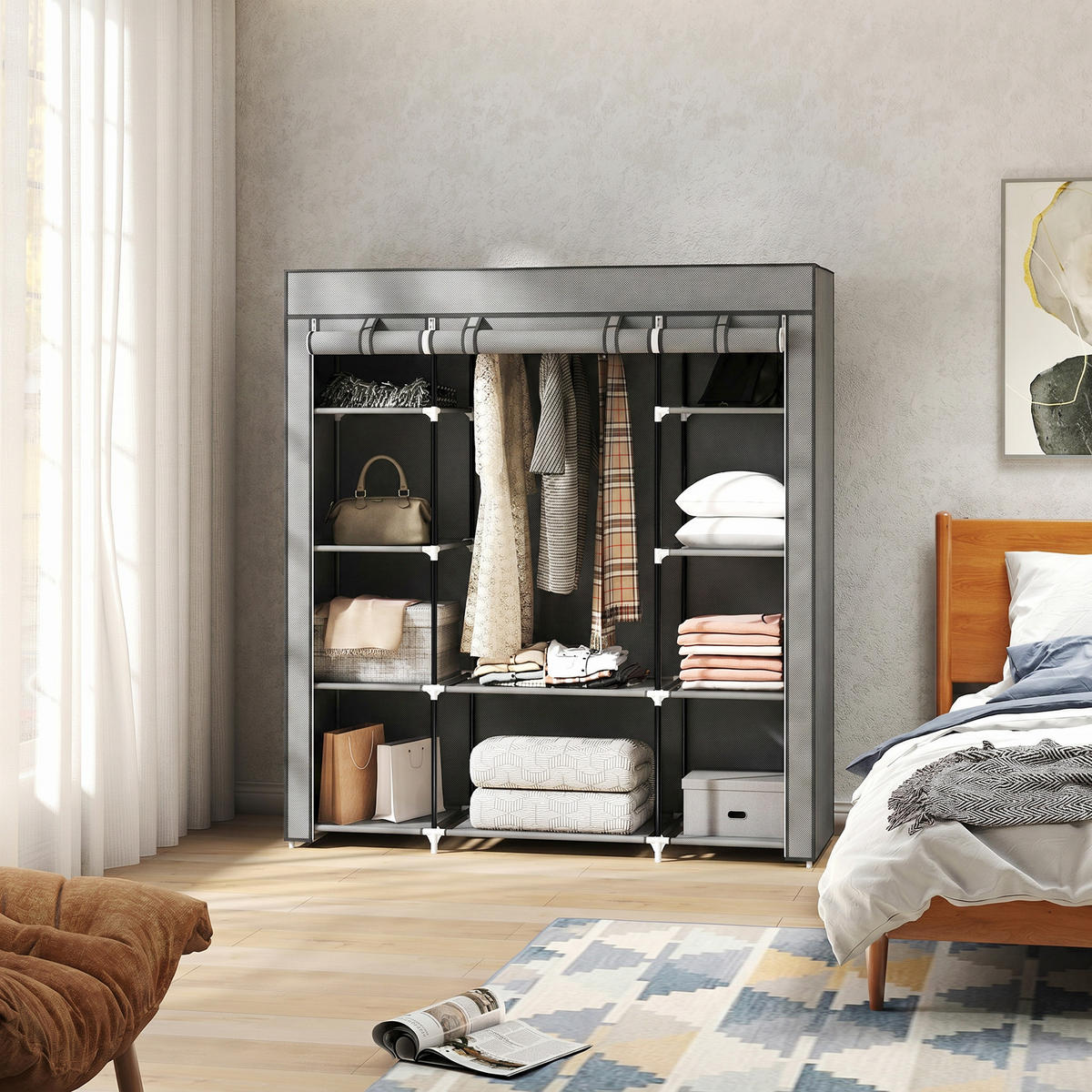 STOFFSCHRANK Hellgrau 1 Stück - Hellgrau, Naturmaterialien (150/162.5/43cm) - GiPP